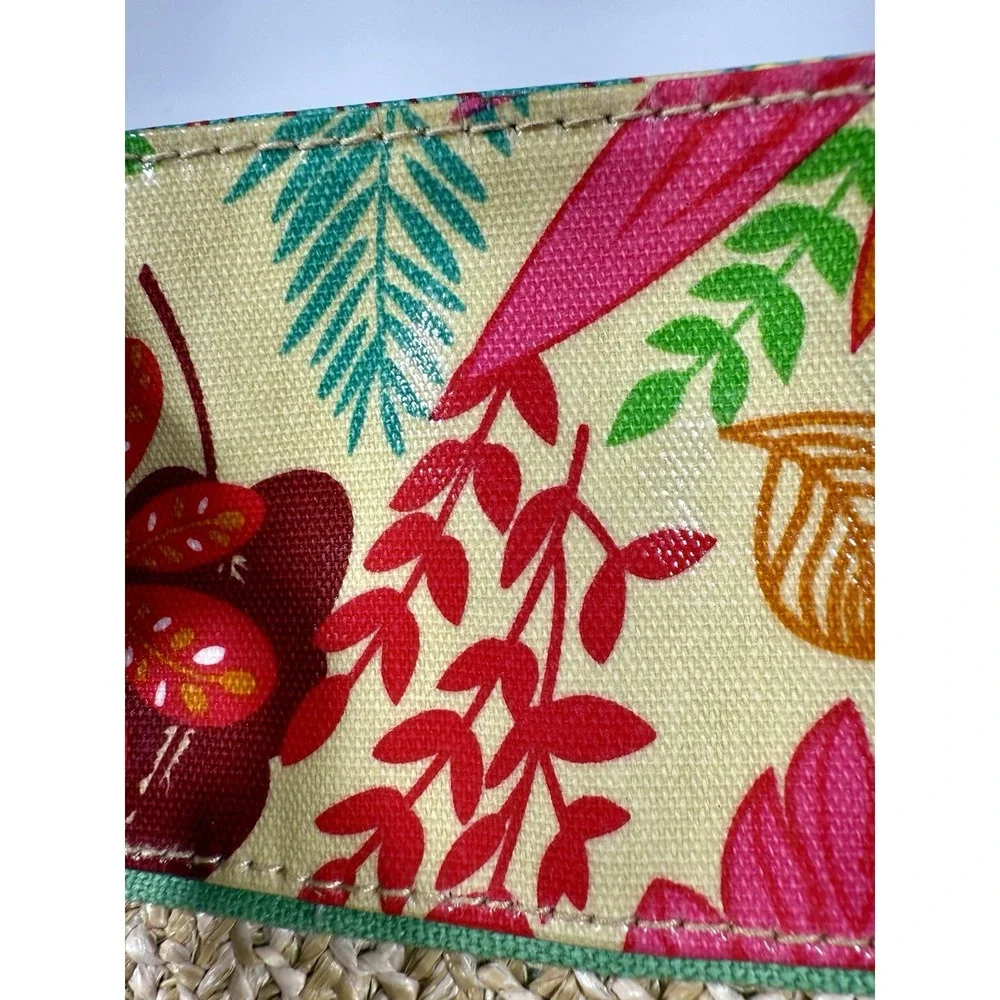 Merona Tropical Floral Straw Shoulder‎ Bag Brown Handles Leaf Charms 13x16 EUC